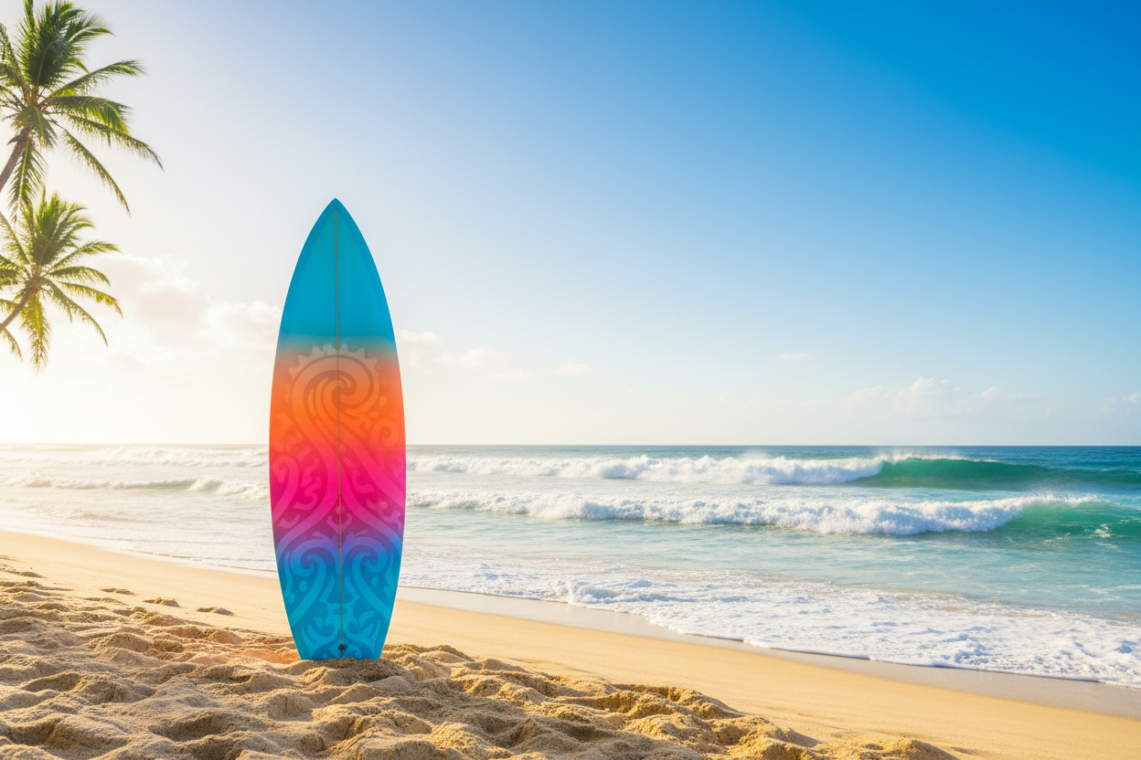 Surfboard am Strand mit Meereswellen